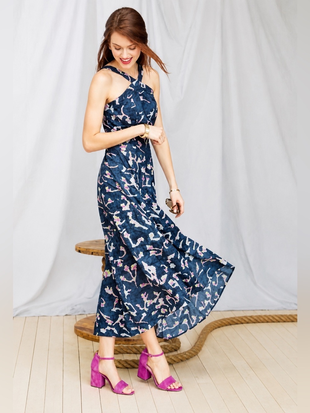 Cabi Women’s Blue Floral AURORA Watercolor Halter Maxi Dress Size 4